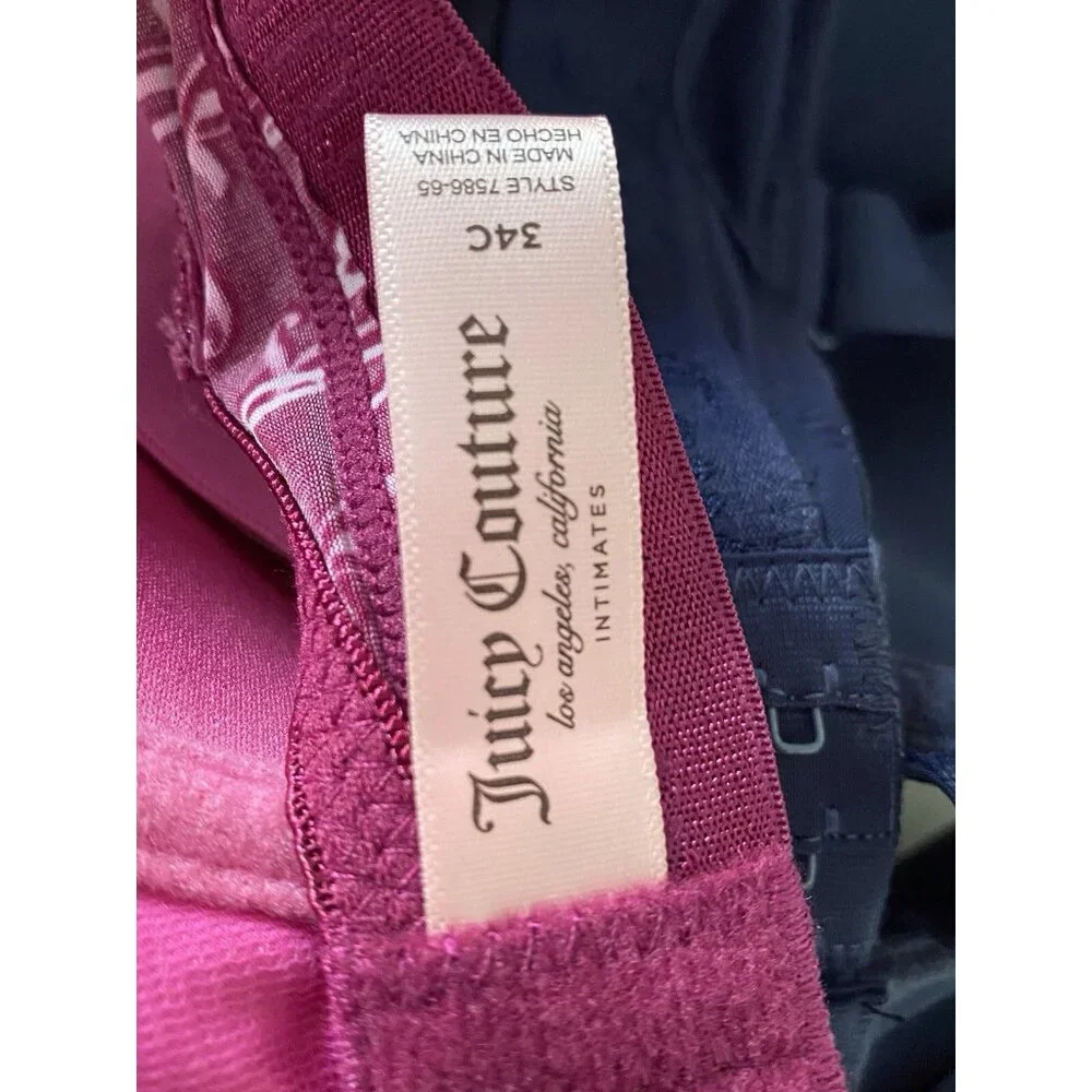 3 Pack Juicy Couture Sexy Push Up Bra Size 34C Juicy Logo Wine Pink Navy‎ NEW